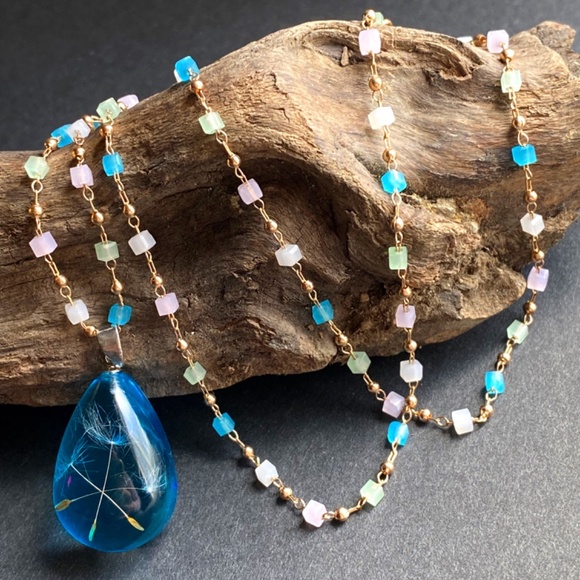 Austrian Crystal Dandelion Resin Blue Minimalist Necklace - Picture 5 of 9